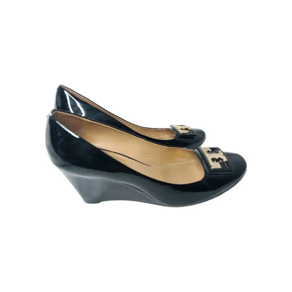 Tory Burch Wedge Shoes Women's Size 8.5 M Black Patent Leather Pumps Closed Toe